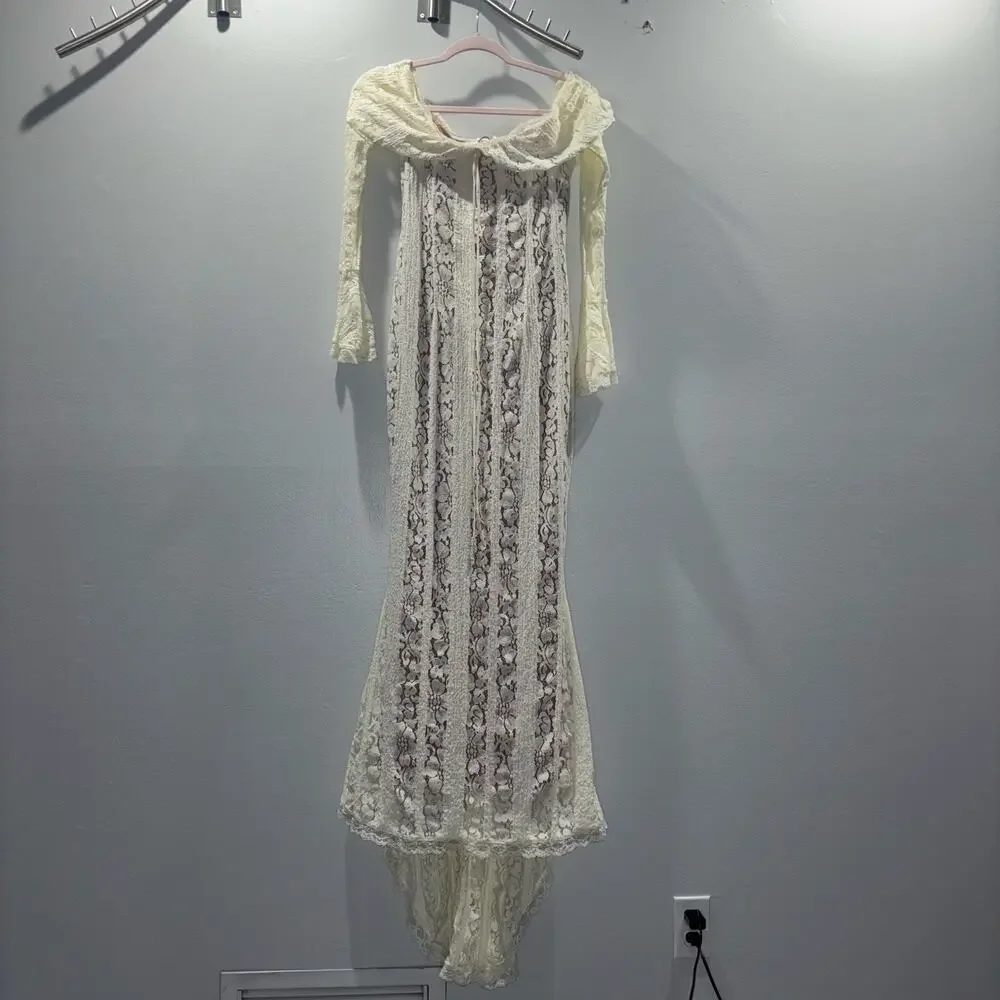 NWT Angel Lane Georgette Ivory Lace Maxi Dress - Size Large- Bridal Dress - Picture 4 of 15